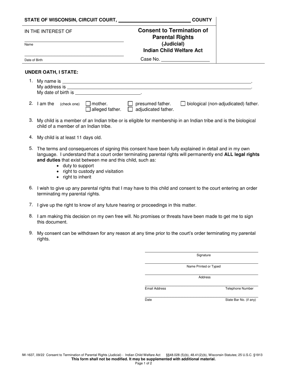 Form IW-1637 Consent to Termination of Parental Rights (Judicial) - Indian Child Welfare Act - Wisconsin, Page 1