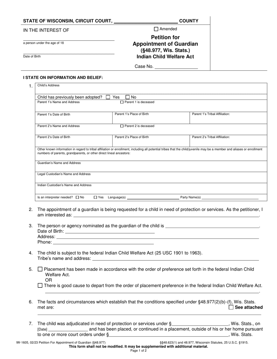 Form IW-1605 Download Printable PDF or Fill Online Petition for ...