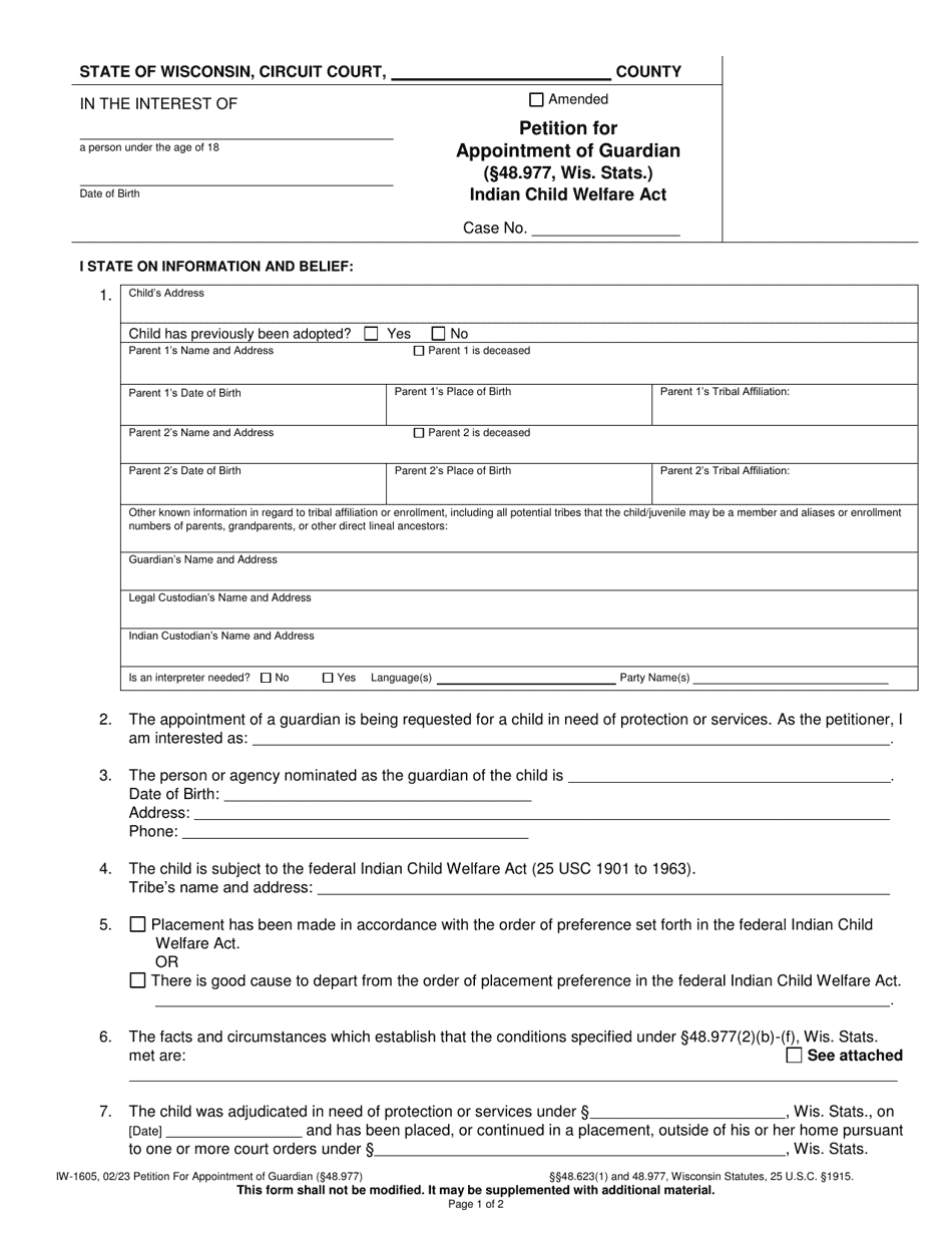 Form IW-1605 Petition for Appointment of Guardian (48.977, Wis. Stats.) - Indian Child Welfare Act - Wisconsin, Page 1