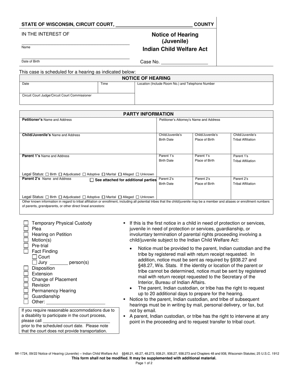Form IW-1724 Notice of Hearing (Juvenile) - Indian Child Welfare Act - Wisconsin, Page 1