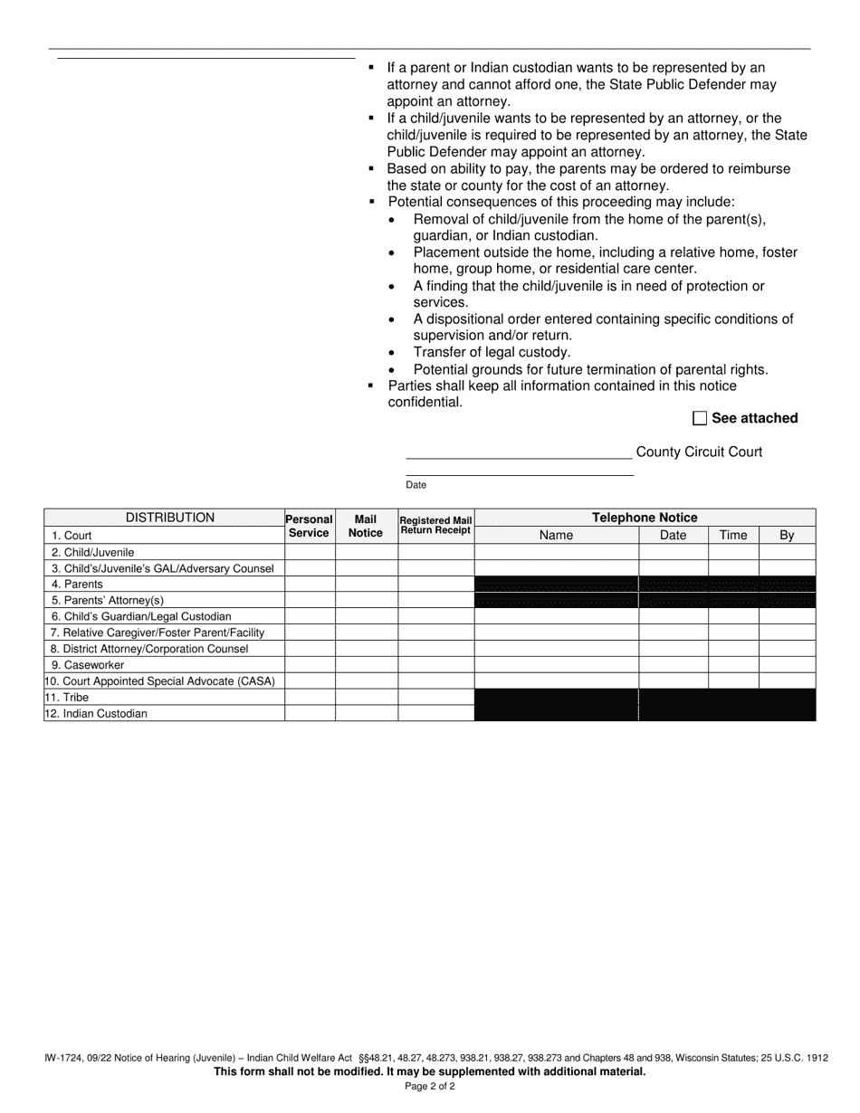 Form IW-1724 Notice of Hearing (Juvenile) - Indian Child Welfare Act - Wisconsin, Page 2