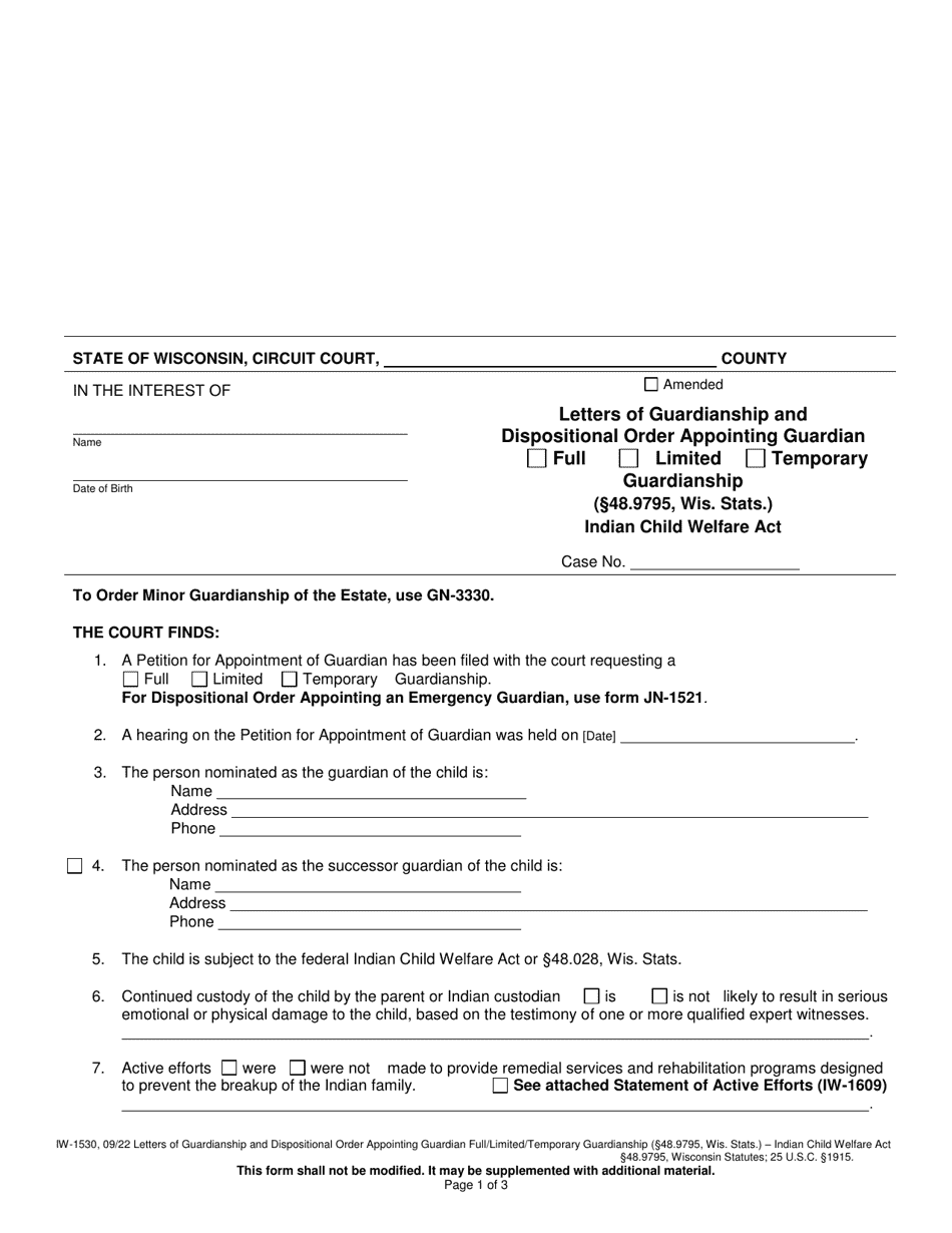 Form IW-1530 Letters of Guardianship and Dispositional Order Appointing Guardian Full / Limited / Temporary Guardianship - Wisconsin, Page 1