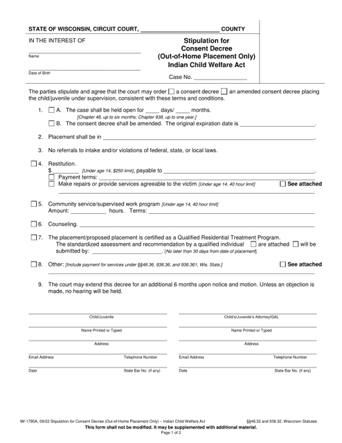 Form IW-1785A Stipulation for Consent Decree (Out-Of-Home Placement Only) - Indian Child Welfare Act - Wisconsin