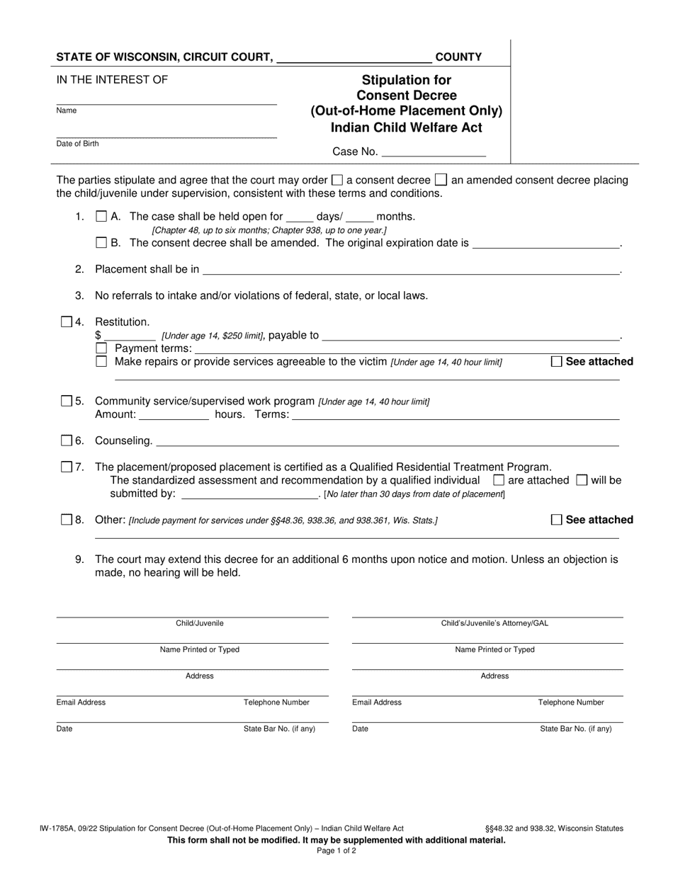 Form IW-1785A Stipulation for Consent Decree (Out-Of-Home Placement Only) - Indian Child Welfare Act - Wisconsin, Page 1