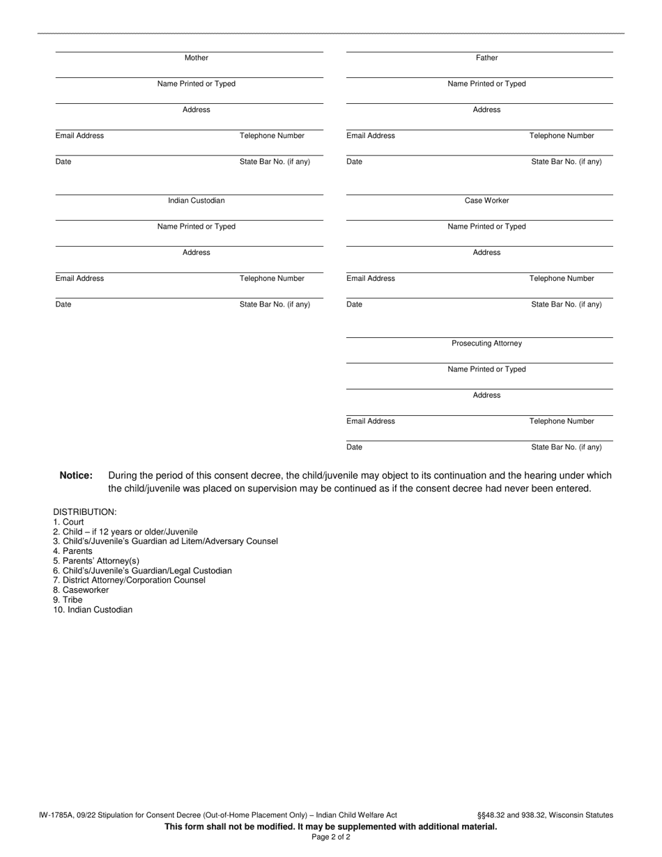 Form IW-1785A Stipulation for Consent Decree (Out-Of-Home Placement Only) - Indian Child Welfare Act - Wisconsin, Page 2