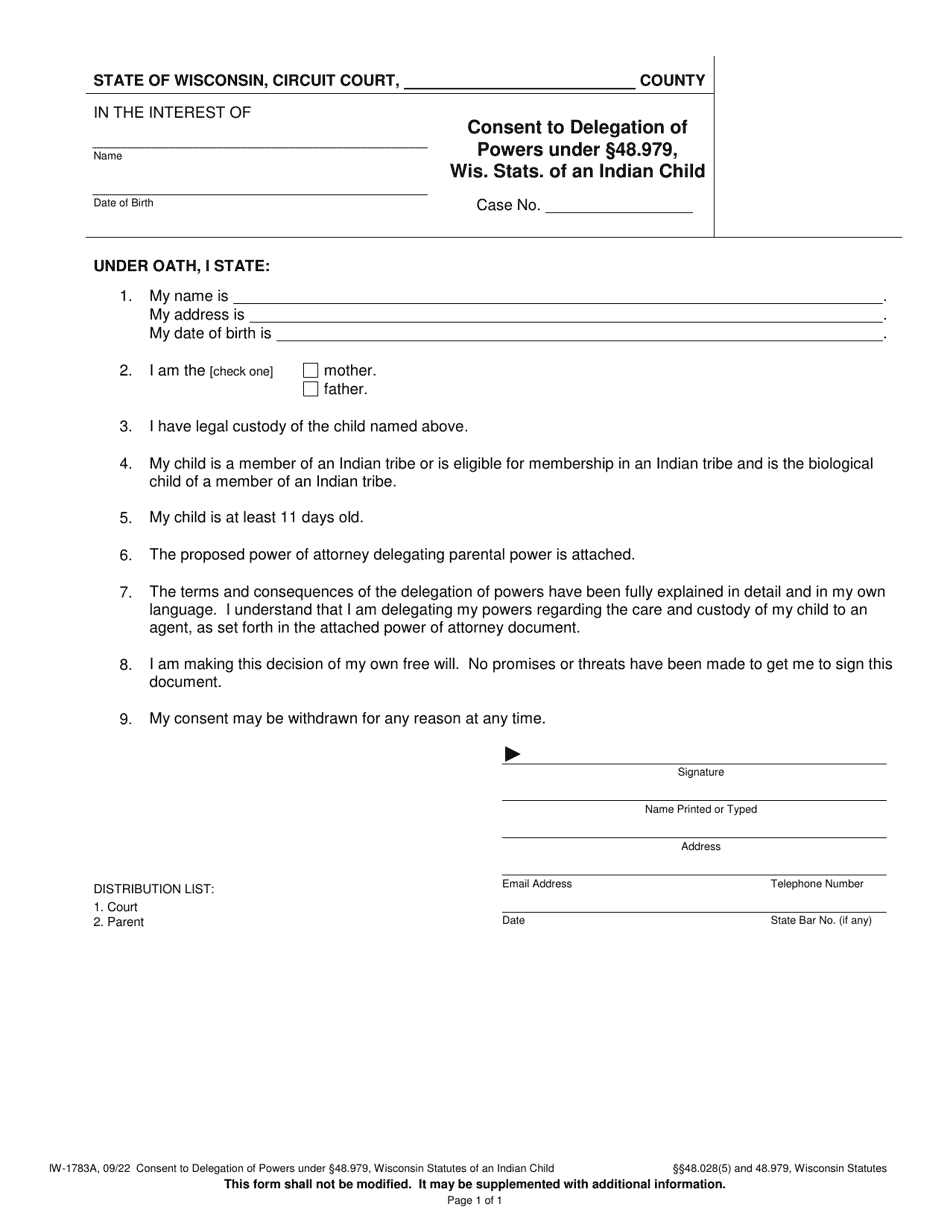Form IW-1783A Consent to Delegation of Powers Under 48.979, Wis. Stats. of an Indian Child - Wisconsin, Page 1