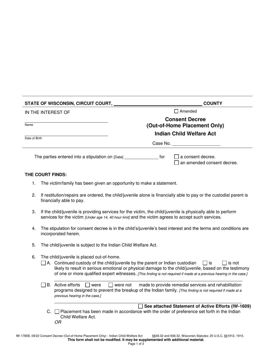 Form IW-1785B Consent Decree (Out-Of-Home Placement Only) - Indian Child Welfare Act - Wisconsin, Page 1