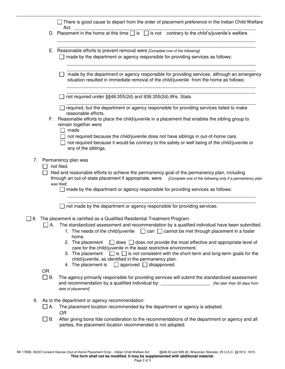 Form IW-1785B Consent Decree (Out-Of-Home Placement Only) - Indian Child Welfare Act - Wisconsin, Page 2