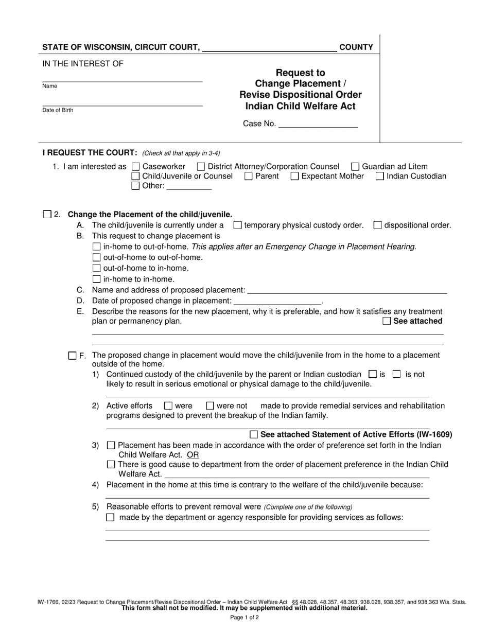 Form IW-1766 Request to Change Placement / Revise Dispositional Order - Indian Child Welfare Act - Wisconsin, Page 1