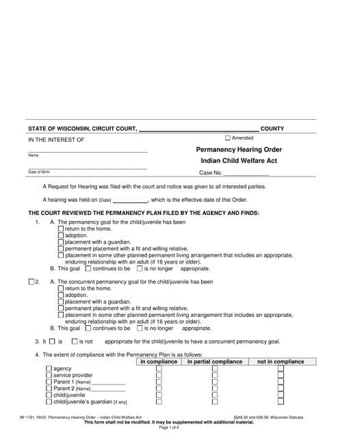 Form IW-1791 Permanency Hearing Order - Indian Child Welfare Act - Wisconsin