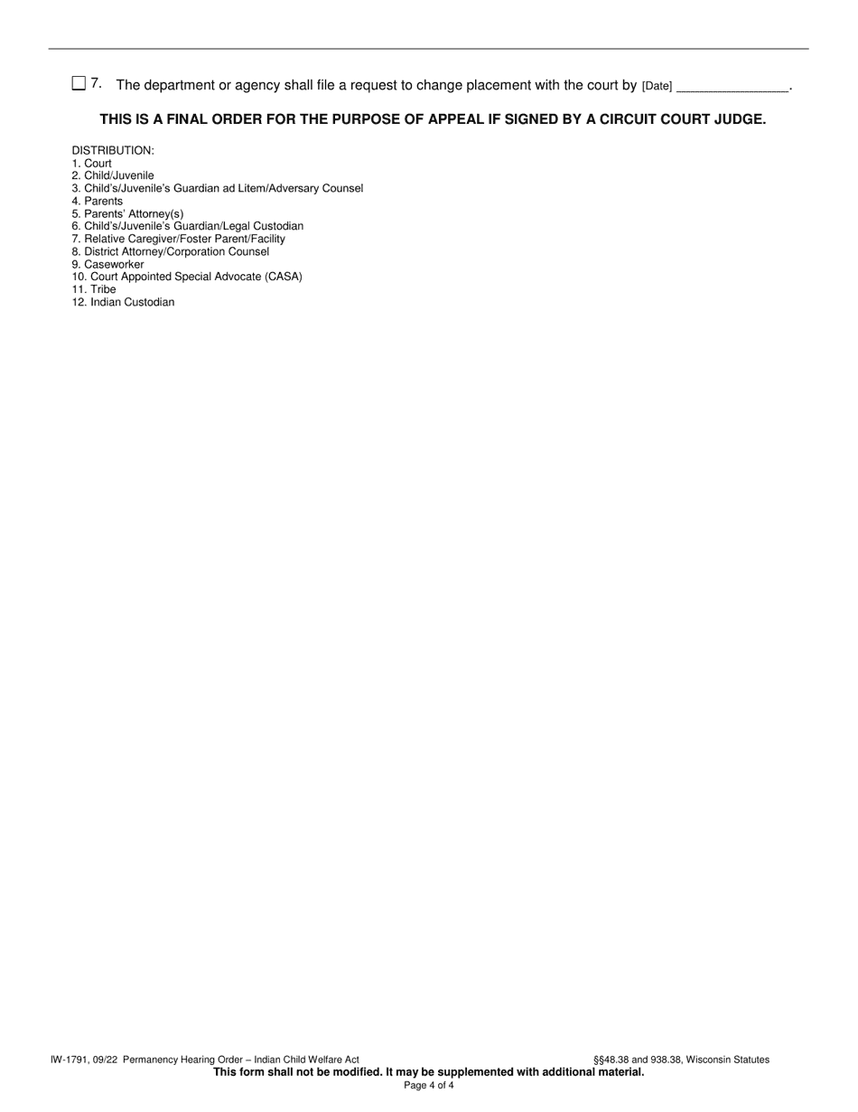 Form IW-1791 Permanency Hearing Order - Indian Child Welfare Act - Wisconsin, Page 4