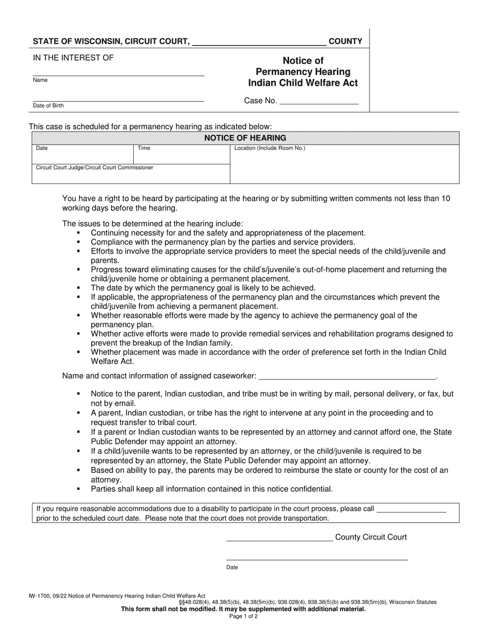 Form IW-1700 Notice of Permanency Hearing - Indian Child Welfare Act - Wisconsin, Page 1