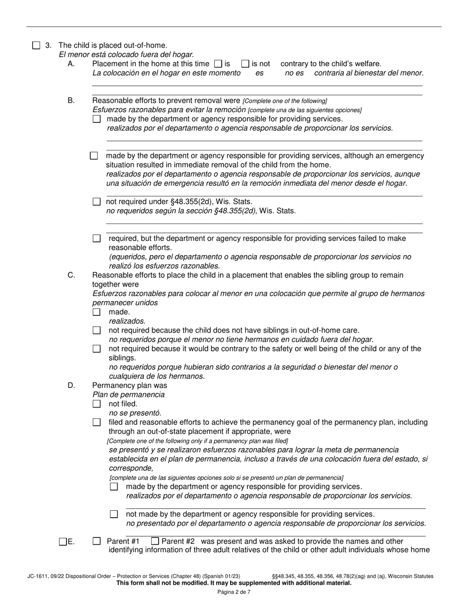 Form JC-1611 Dispositional Order - Protection or Services (Chapter 48) - Wisconsin (English / Spanish), Page 2