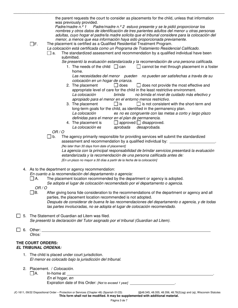 Form JC-1611 Dispositional Order - Protection or Services (Chapter 48) - Wisconsin (English / Spanish), Page 3