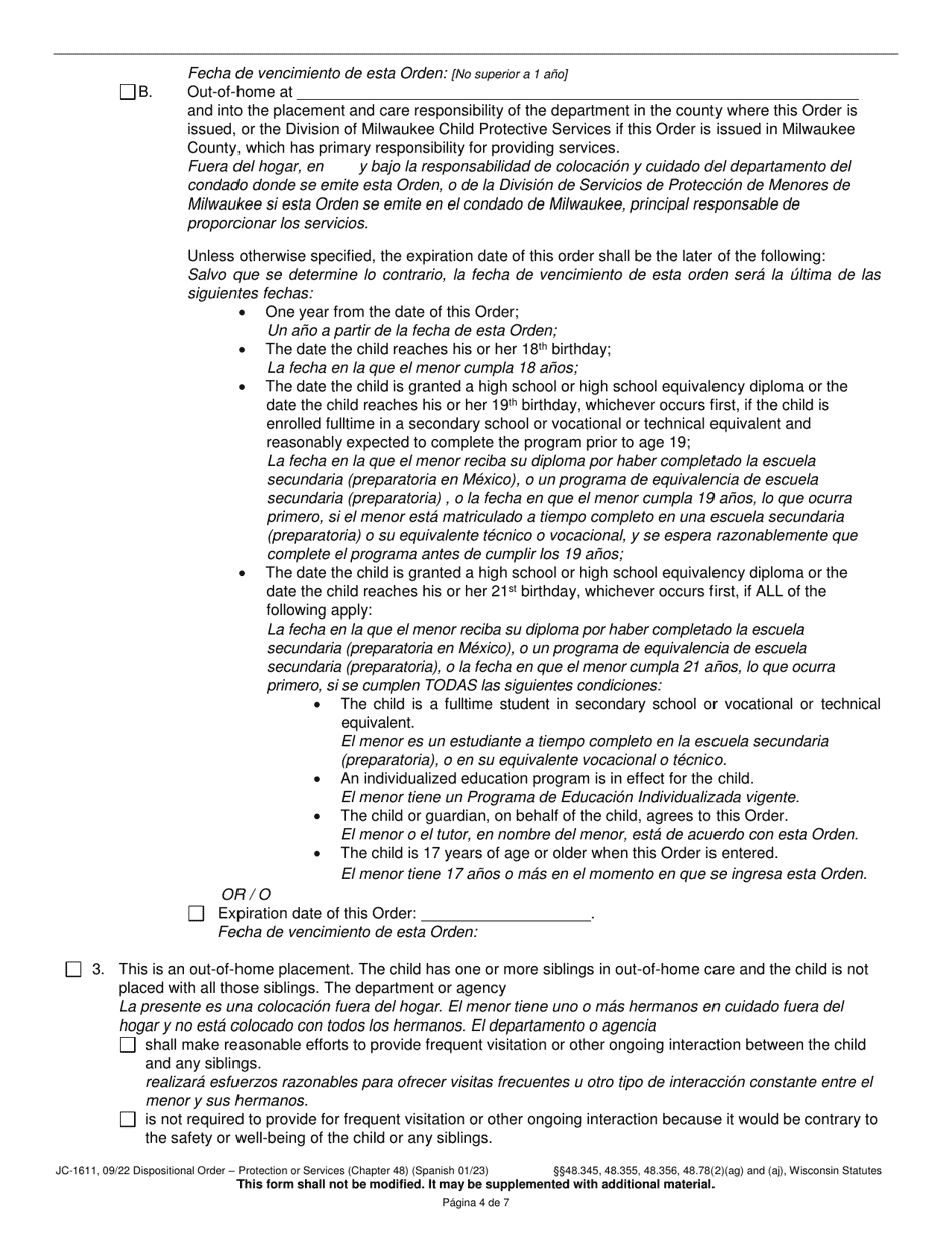 Form JC-1611 Dispositional Order - Protection or Services (Chapter 48) - Wisconsin (English / Spanish), Page 4