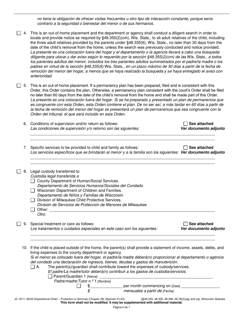 Form JC-1611 Dispositional Order - Protection or Services (Chapter 48) - Wisconsin (English / Spanish), Page 5