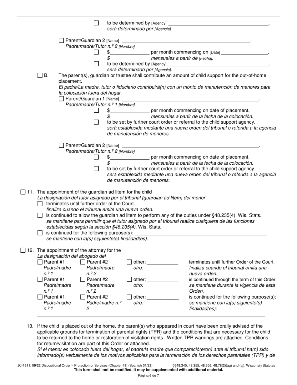 Form JC-1611 Dispositional Order - Protection or Services (Chapter 48) - Wisconsin (English / Spanish), Page 6