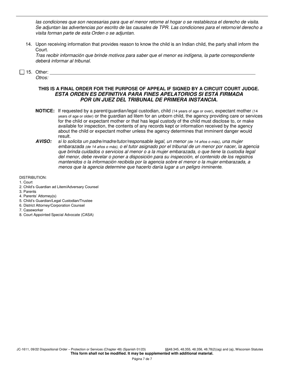 Form JC-1611 Dispositional Order - Protection or Services (Chapter 48) - Wisconsin (English / Spanish), Page 7