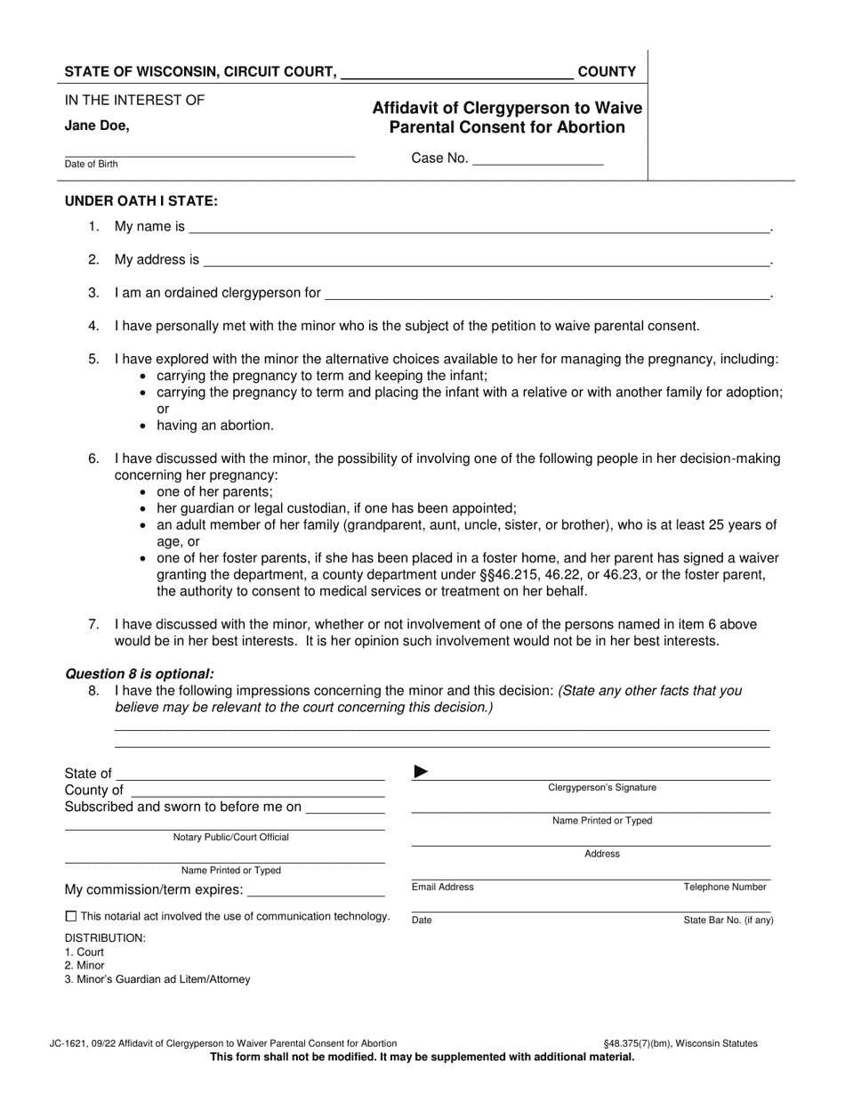 Form JC-1621 Affidavit of Clergyperson to Waive Parental Consent for Abortion - Wisconsin, Page 1