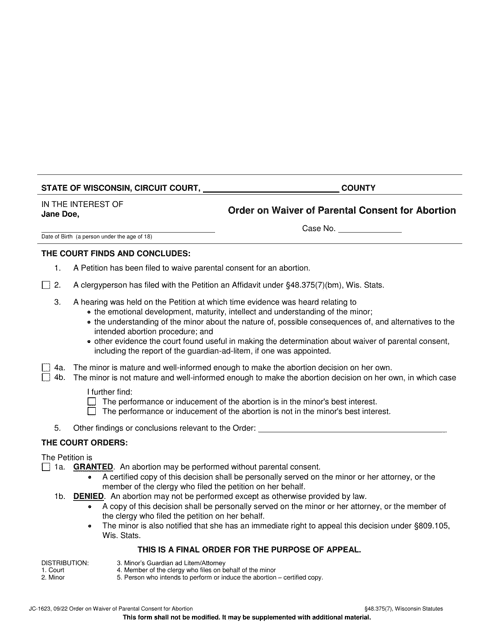 Form JC-1623 Order on Waiver of Parental Consent for Abortion - Wisconsin