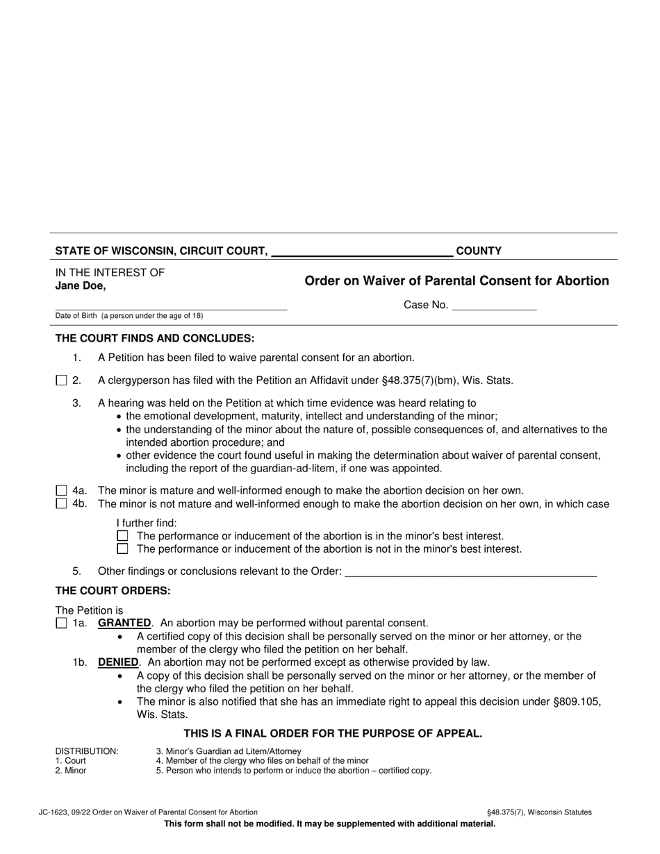 Form JC-1623 Order on Waiver of Parental Consent for Abortion - Wisconsin, Page 1