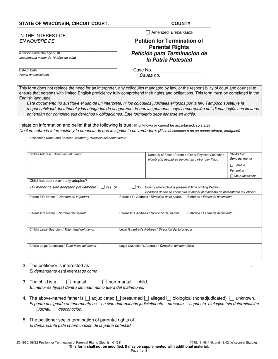 Form JC-1630 Petition for Termination of Parental Right - Wisconsin (English / Spanish), Page 1