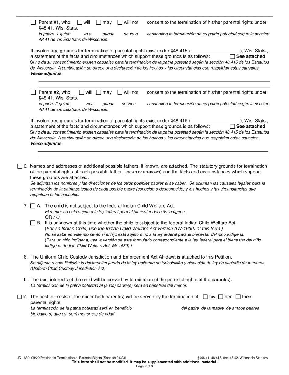 Form JC-1630 Petition for Termination of Parental Right - Wisconsin (English / Spanish), Page 2
