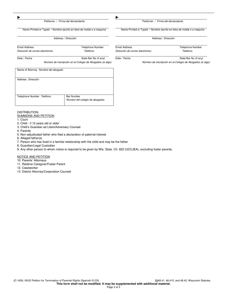 Form JC-1630 Petition for Termination of Parental Right - Wisconsin (English / Spanish), Page 3