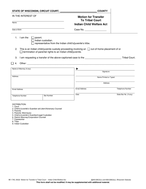 Form IW-1740 Motion for Transfer to Tribal Court - Indian Child Welfare Act - Wisconsin