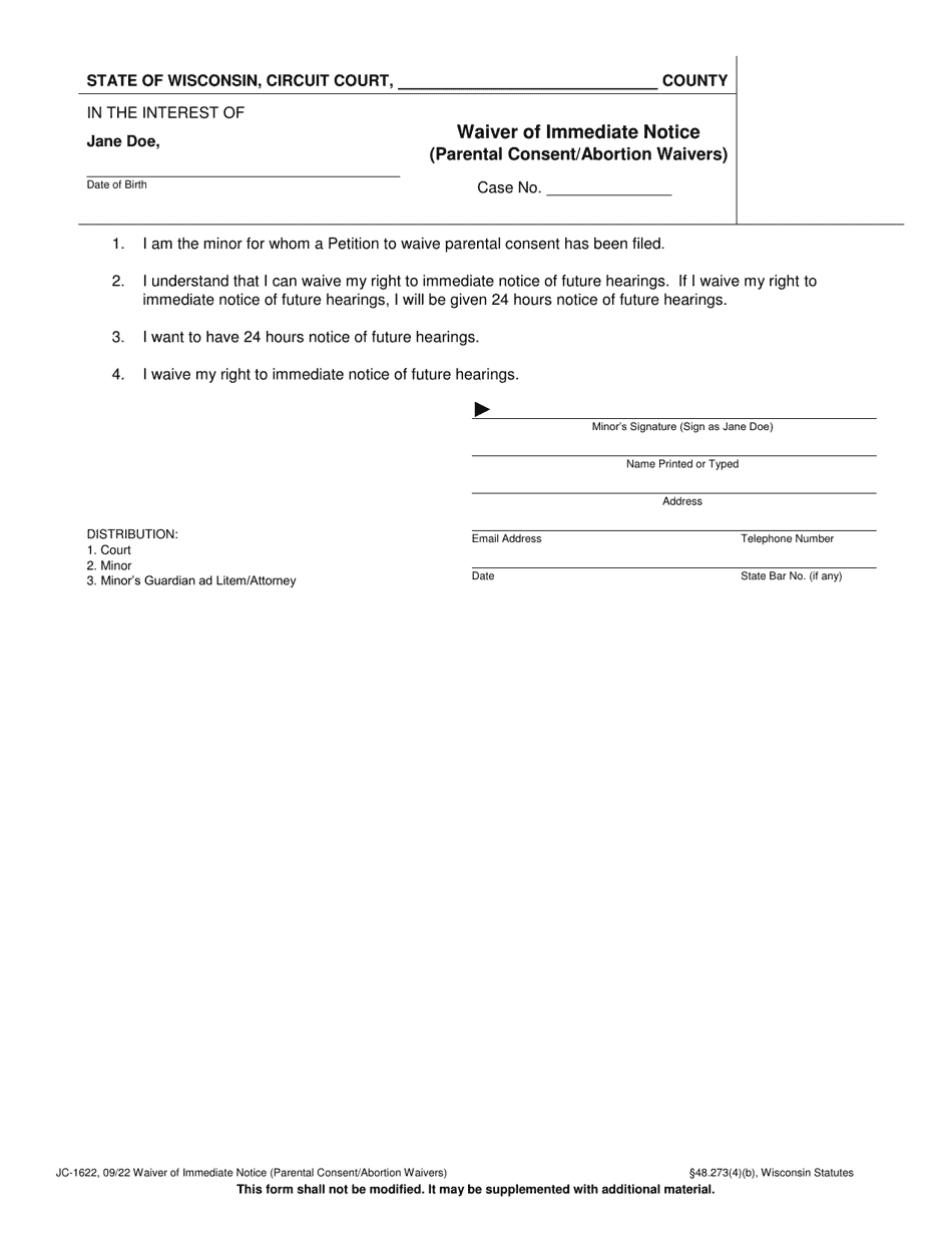 Form JC-1622 Waiver of Immediate Notice (Parental Consent / Abortion Waivers) - Wisconsin, Page 1