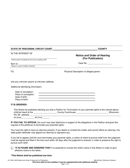 Form JC-1635 Notice and Order of Hearing (For Publication) - Wisconsin