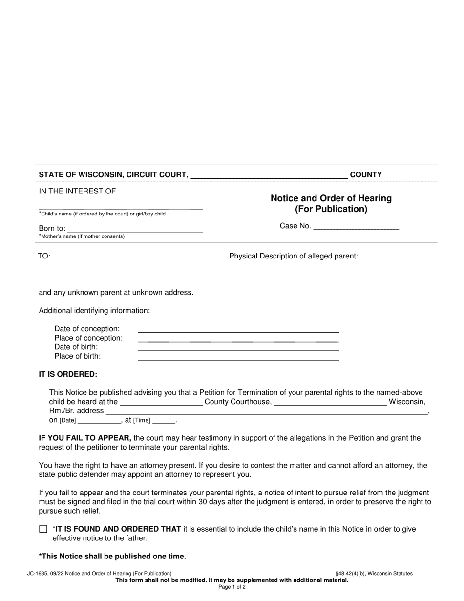 Form JC-1635 Notice and Order of Hearing (For Publication) - Wisconsin, Page 1