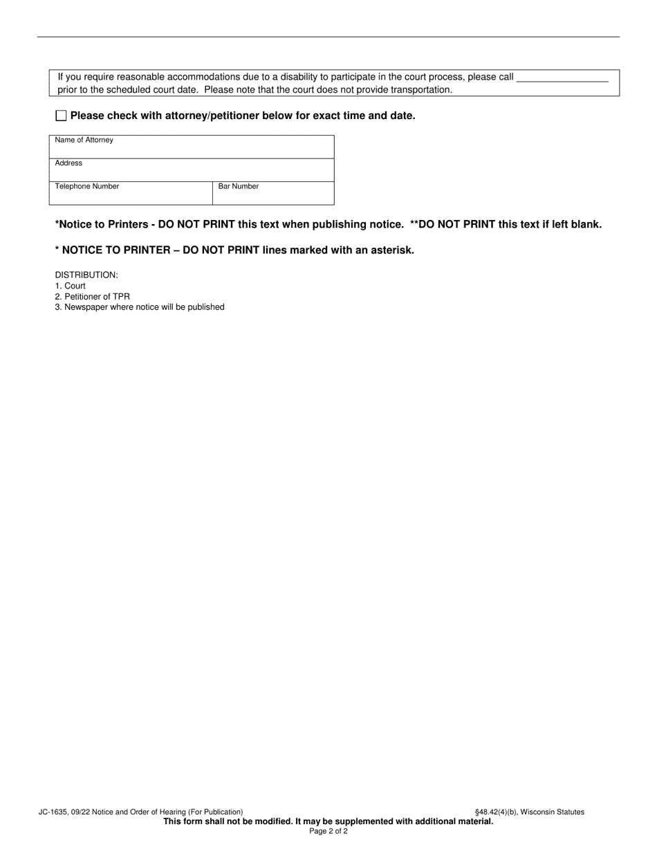 Form JC-1635 Notice and Order of Hearing (For Publication) - Wisconsin, Page 2