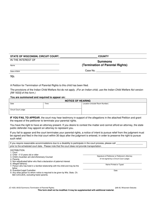 Form JC-1633 Summons (Termination of Parental Rights) - Wisconsin