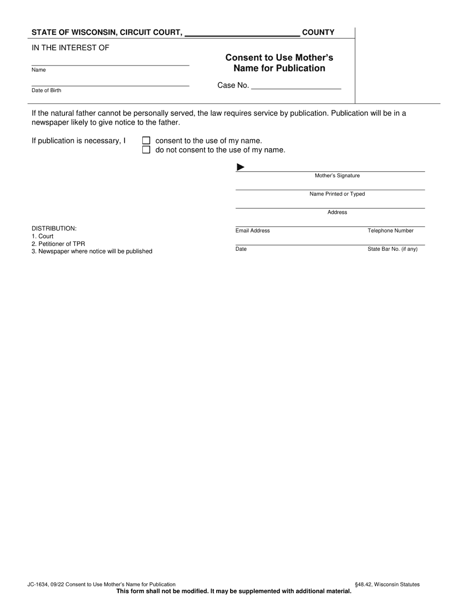 Form JC-1634 Consent to Use Mothers Name for Publication - Wisconsin, Page 1