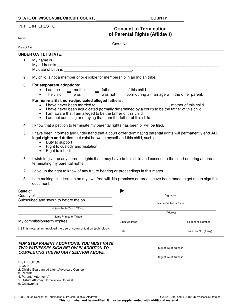 Form JC-1636 Consent to Termination of Parental Rights (Affidavit) - Wisconsin, Page 1