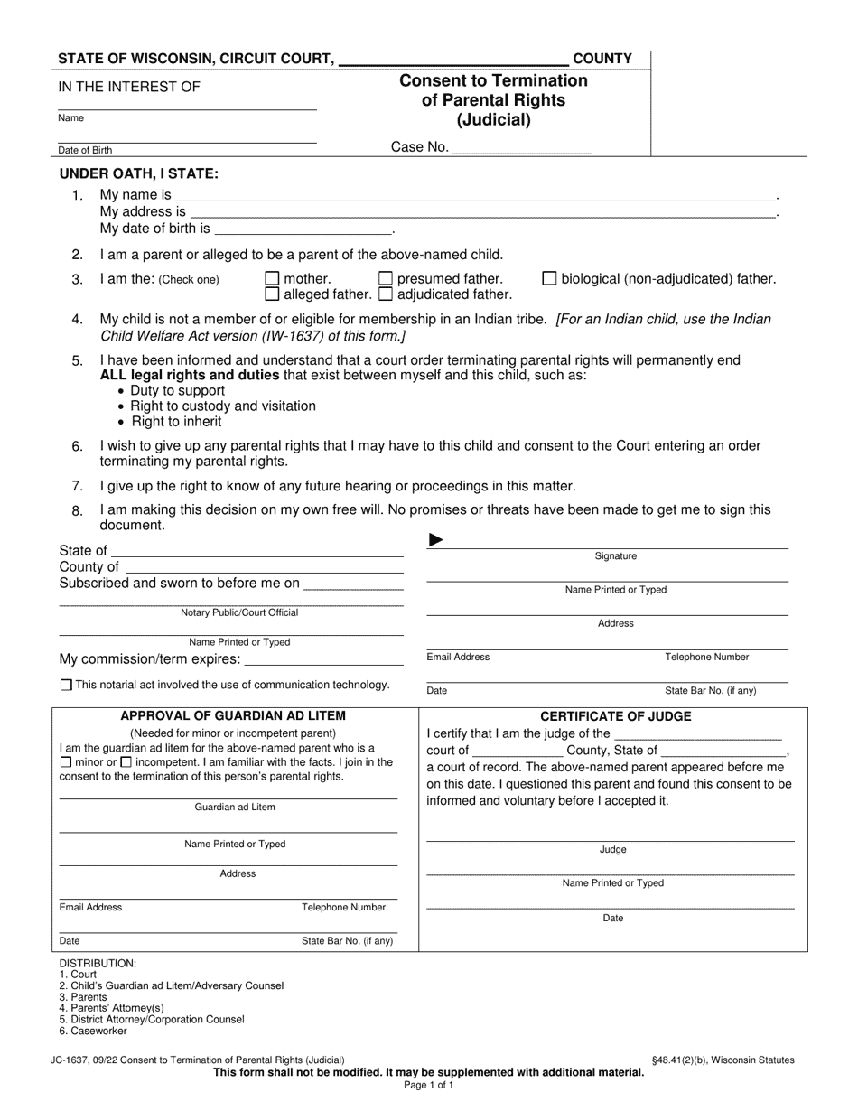 Form JC-1637 Consent to Termination of Parental Rights (Judicial) - Wisconsin, Page 1