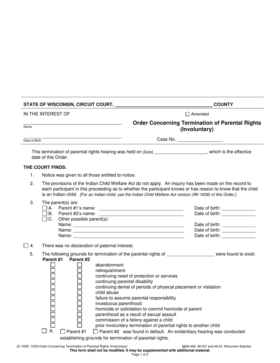 Form JC-1639 Order Concerning Termination of Parental Rights (Involuntary) - Wisconsin, Page 1