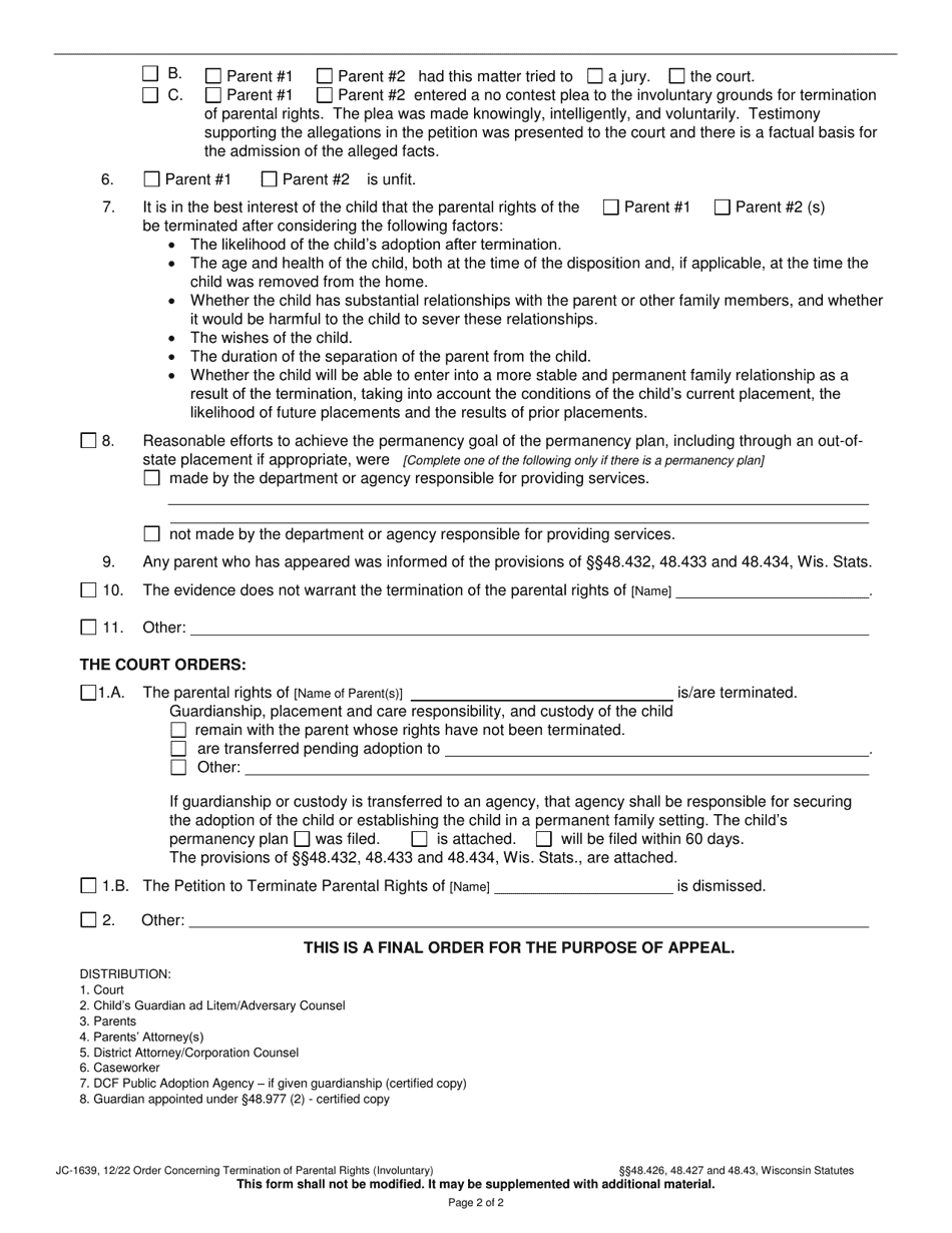 Form JC-1639 Order Concerning Termination of Parental Rights (Involuntary) - Wisconsin, Page 2