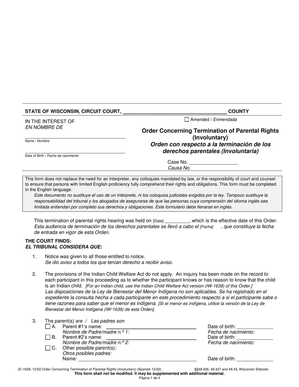 Form JC-1639 Order Concerning Termination of Parental Rights (Involuntary) - Wisconsin (English / Spanish), Page 1