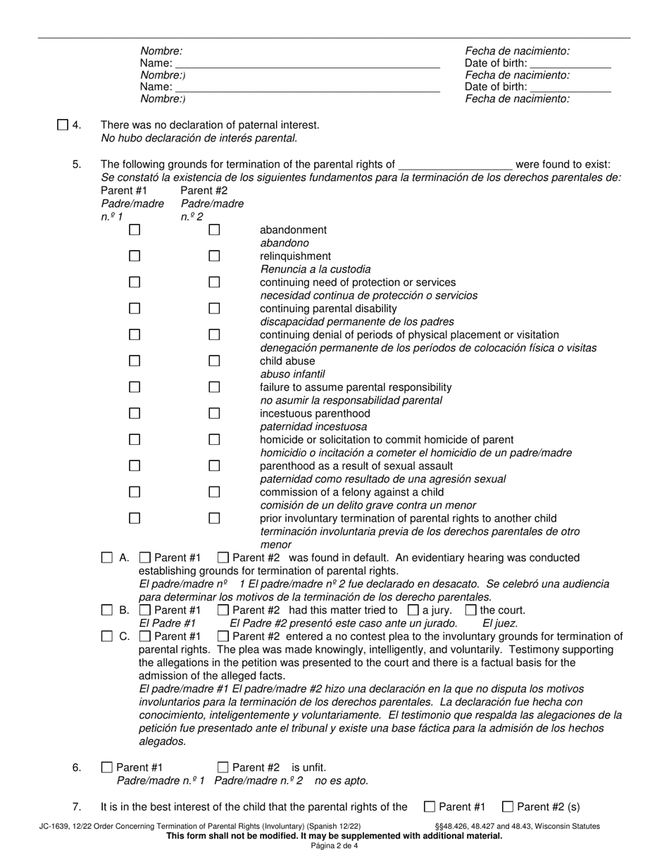 Form JC-1639 Order Concerning Termination of Parental Rights (Involuntary) - Wisconsin (English / Spanish), Page 2