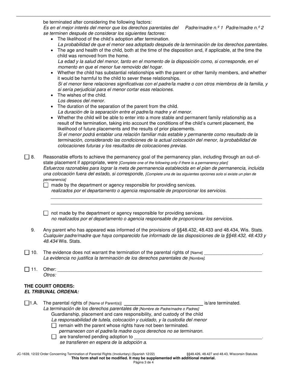 Form JC-1639 Order Concerning Termination of Parental Rights (Involuntary) - Wisconsin (English / Spanish), Page 3
