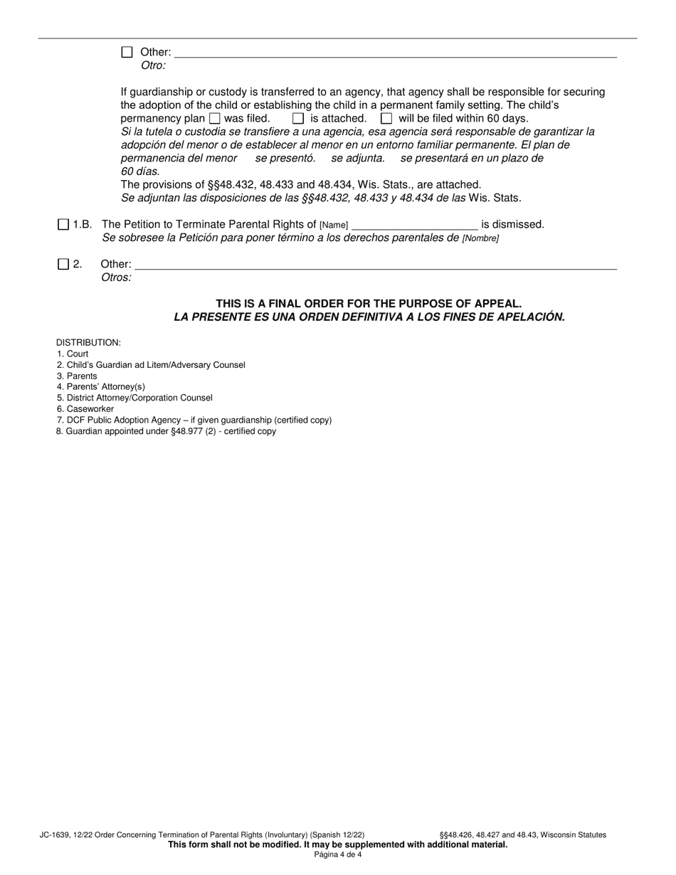 Form JC-1639 Order Concerning Termination of Parental Rights (Involuntary) - Wisconsin (English / Spanish), Page 4