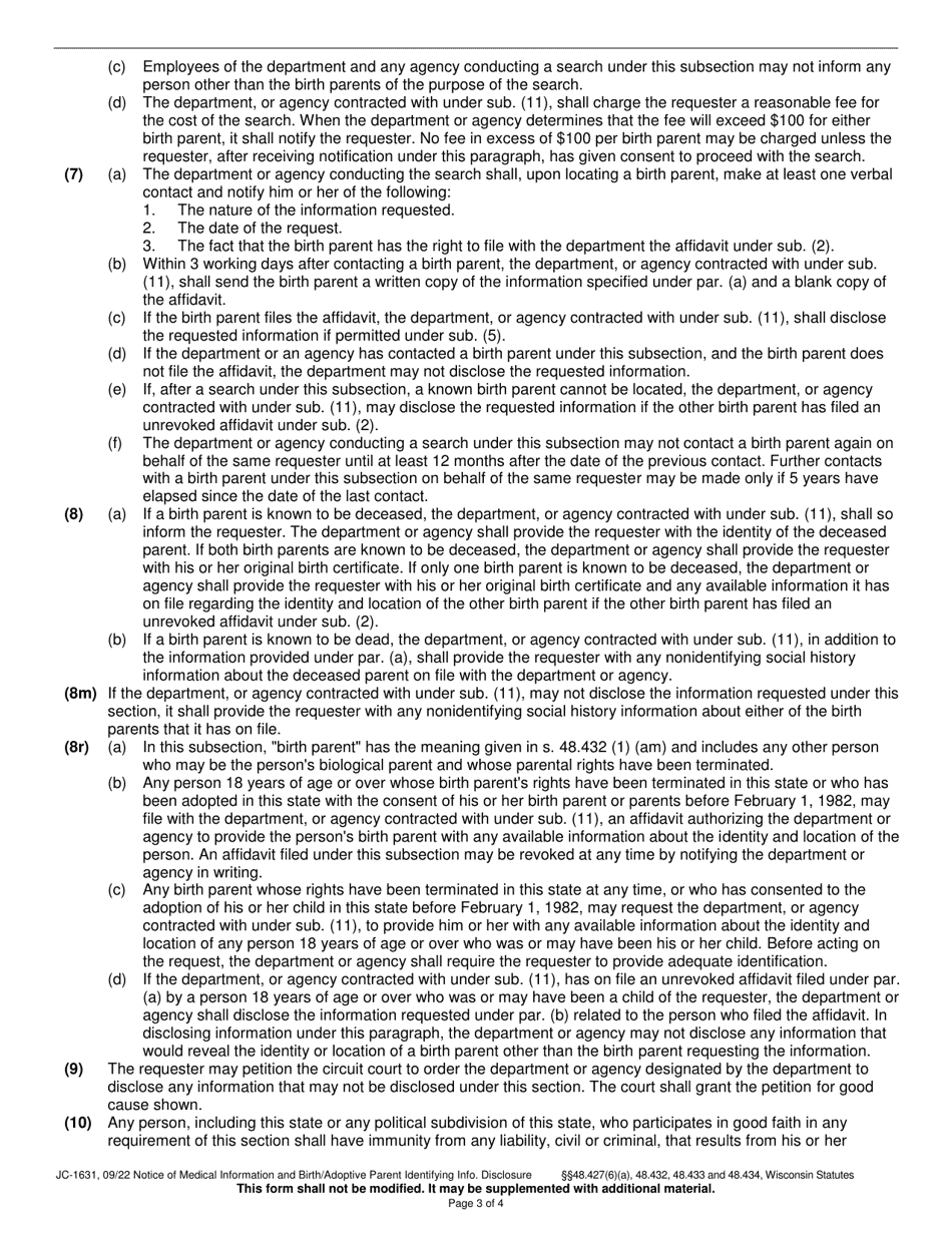 Form JC-1631 Notice of Medical Information and Birth / Adoptive Parent Identifying Information Disclosure - Wisconsin, Page 3
