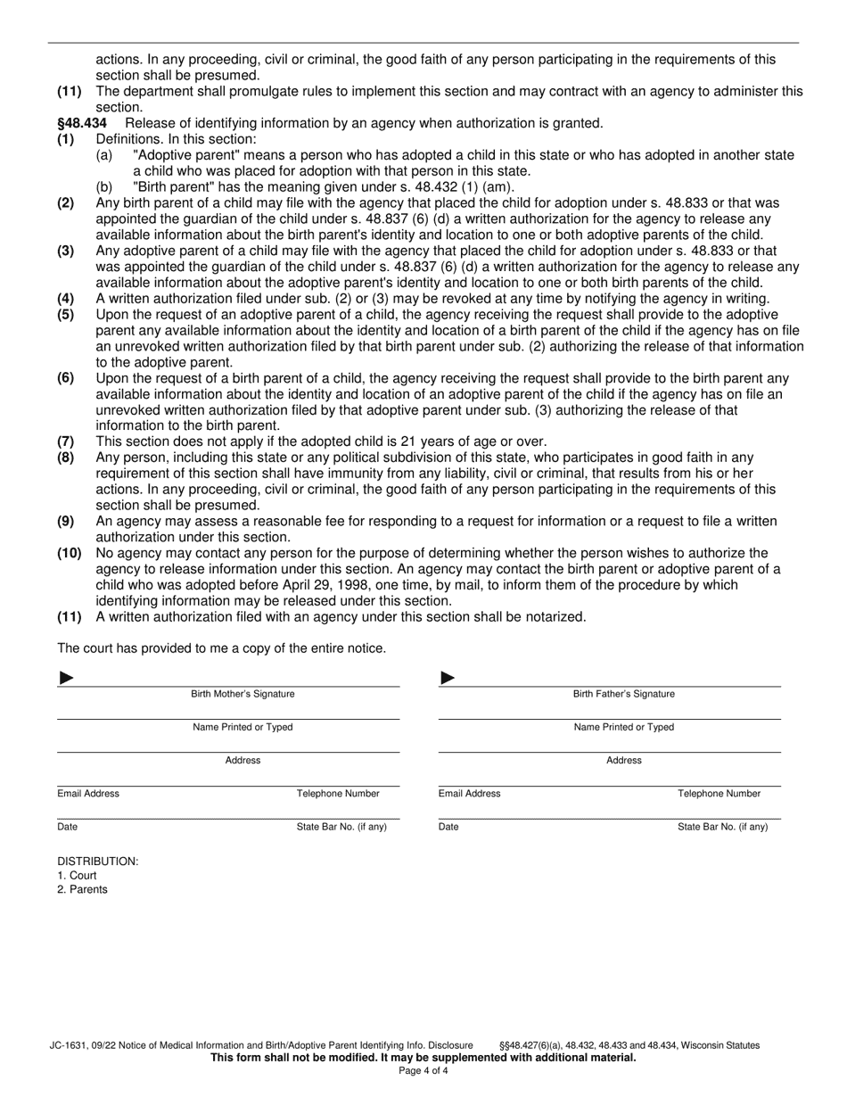 Form JC-1631 Notice of Medical Information and Birth / Adoptive Parent Identifying Information Disclosure - Wisconsin, Page 4