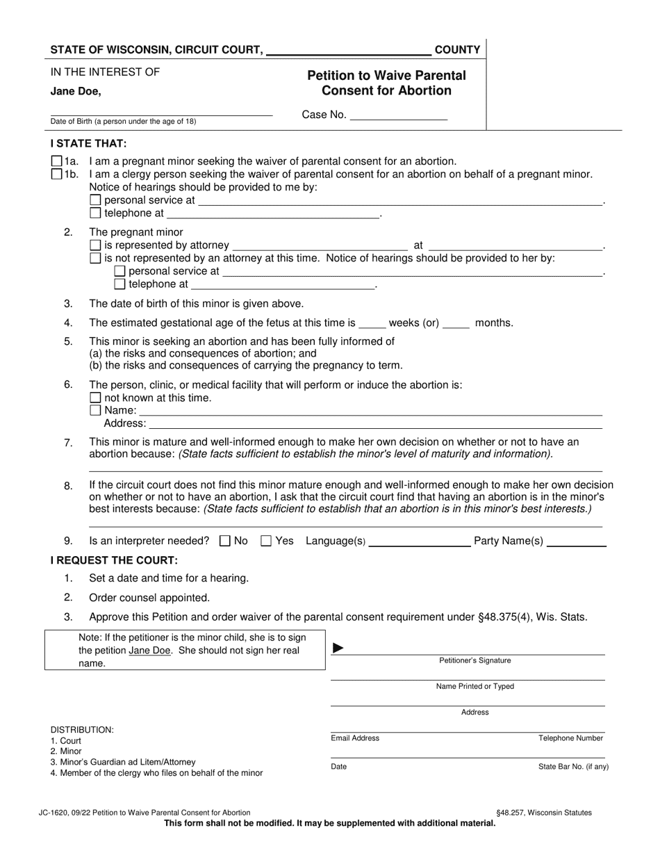 Form JC-1620 Petition to Waive Parental Consent for Abortion - Wisconsin, Page 1
