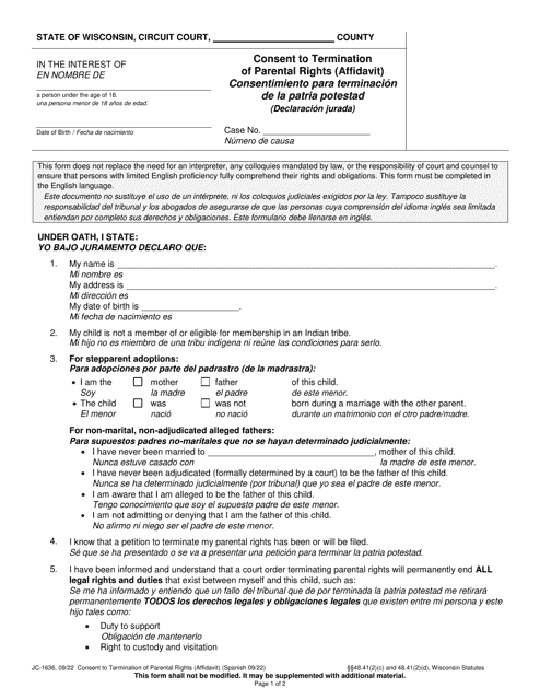 Form JC-1636 Consent to Termination of Parental Rights (Affidavit) - Wisconsin (English/Spanish)