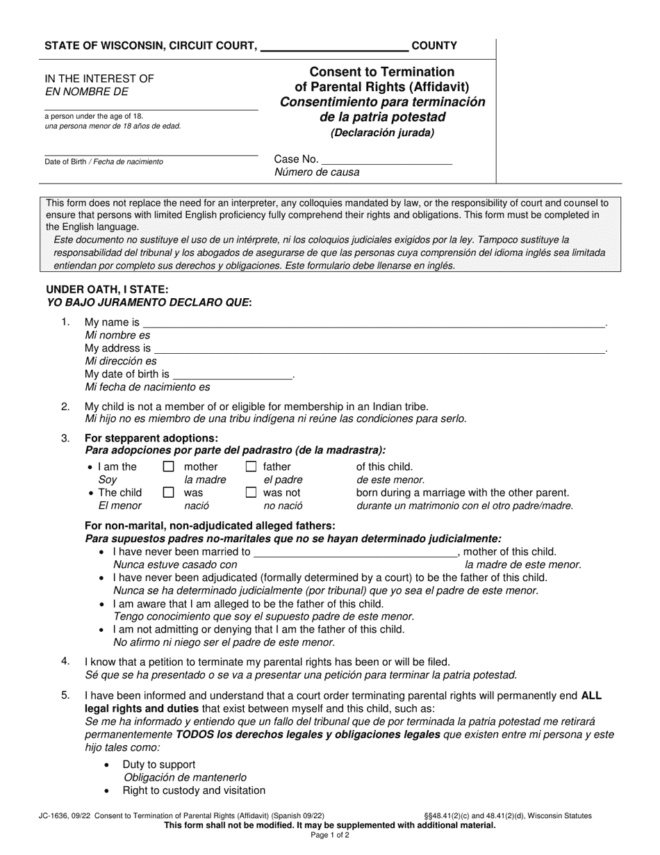 Form JC-1636 Consent to Termination of Parental Rights (Affidavit) - Wisconsin (English / Spanish), Page 1