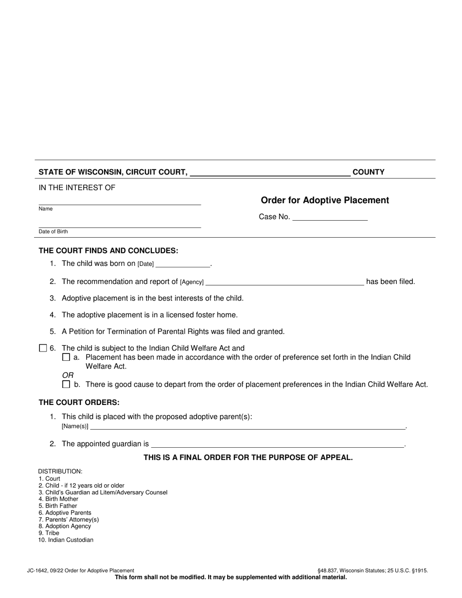 Form JC-1642 Order for Adoptive Placement - Wisconsin, Page 1