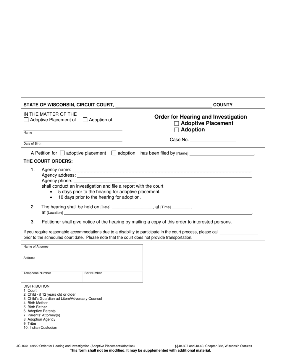 Form JC-1641 Order for Hearing and Investigation (Adoptive Placement / Adoption) - Wisconsin, Page 1